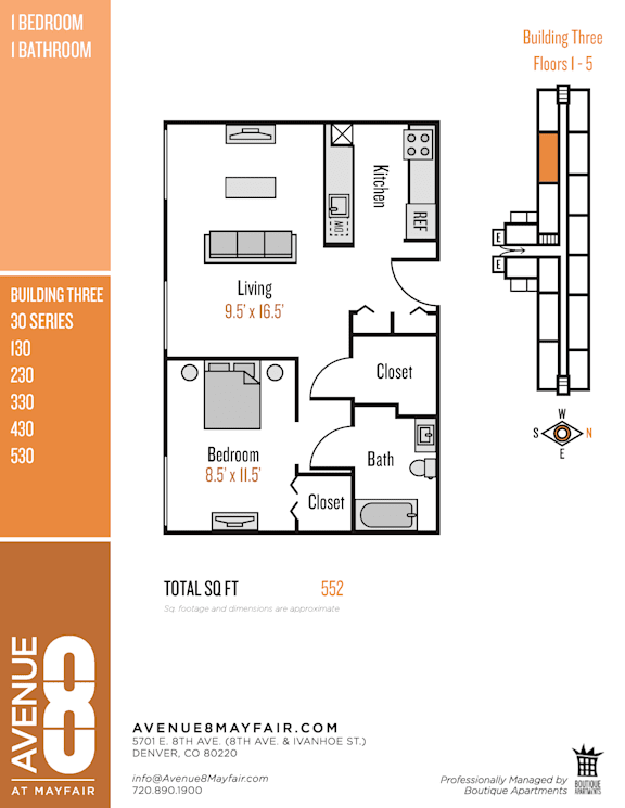 A floor plan for an apartment at Avenue Mayfair shows a living room, a bedroom, a bathroom, a kitchen, and a closet.