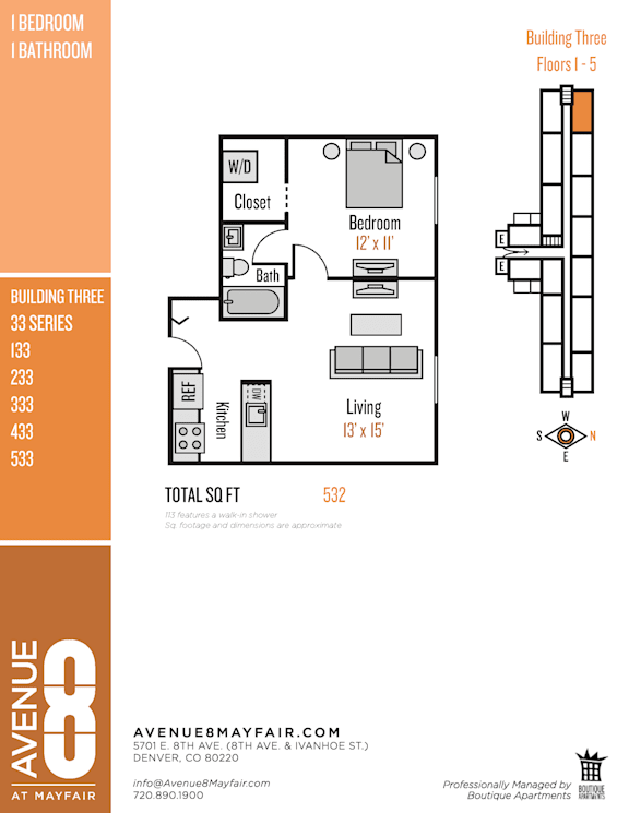 A floor plan for Building Three with a living room, bedroom, bathroom, and closet.