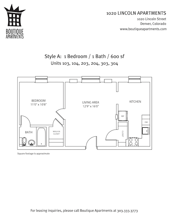 Floor plan for a 1 Bedroom / 1 Bath apartment.