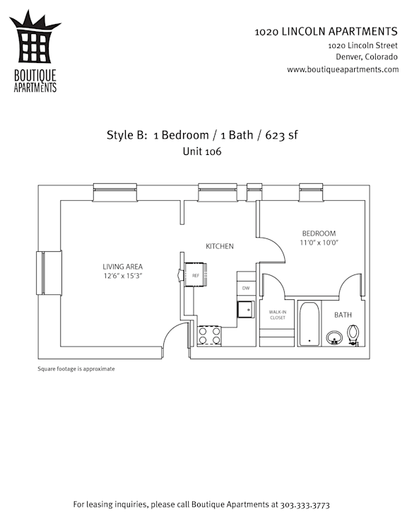 Floor plan for a 1 bedroom apartment with 1 bath and living area.