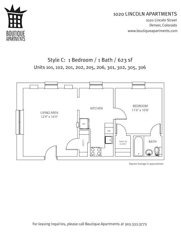 Floor plan for 1020 Lincoln Apartments showing a bedroom, living area, and bath.