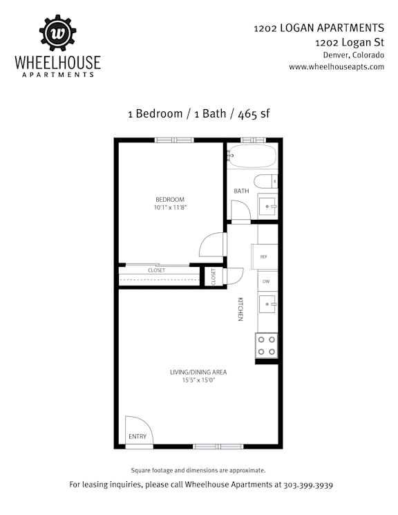 A floor plan for a 1 bedroom/bath apartment at Wheelhouse Apartments.