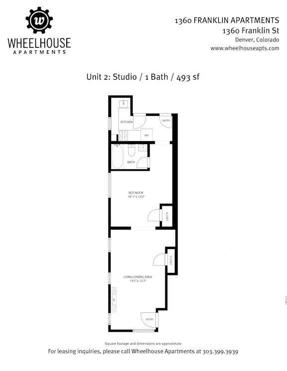 A floor plan for a studio apartment with a bathroom is shown.