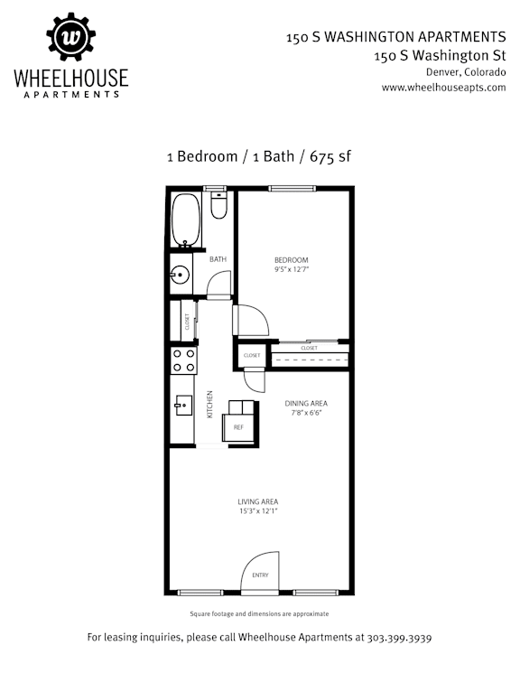 A floor plan for a 1 bedroom, 1 bath apartment at Wheelhouse Apartments.