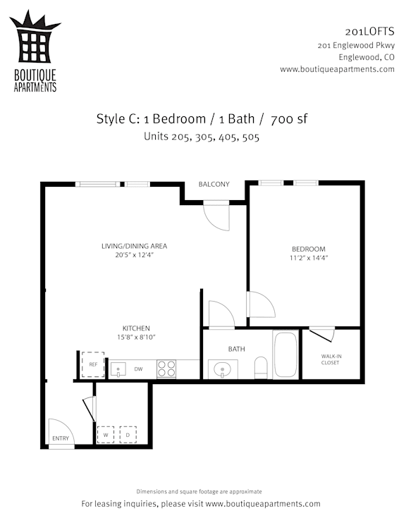 A floor plan for a 700 square foot apartment with one bedroom and one bath.