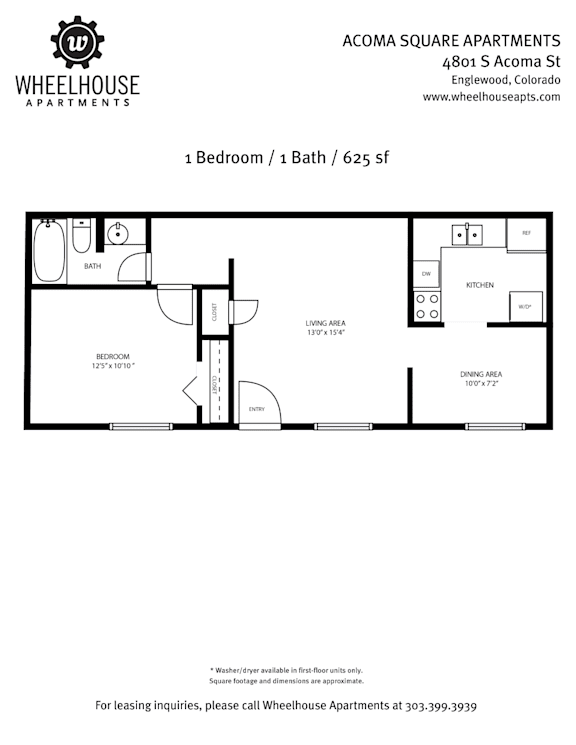 A floor plan for a 1 bedroom apartment with a bath and a living area.