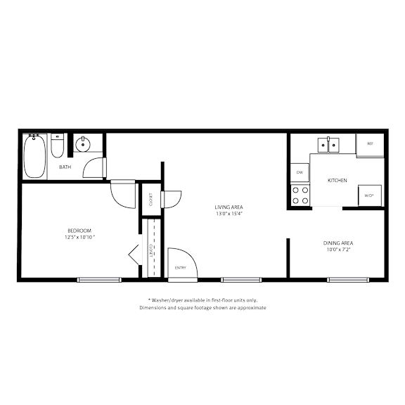 Floor Plan  A floor plan of a small apartment with a living area, a kitchen, a bathroom, and a bedroom.