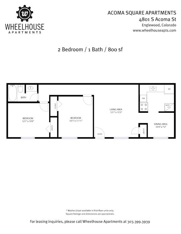 A floor plan for a 2 bedroom, 1 bath apartment at Wheelhouse Apartments.