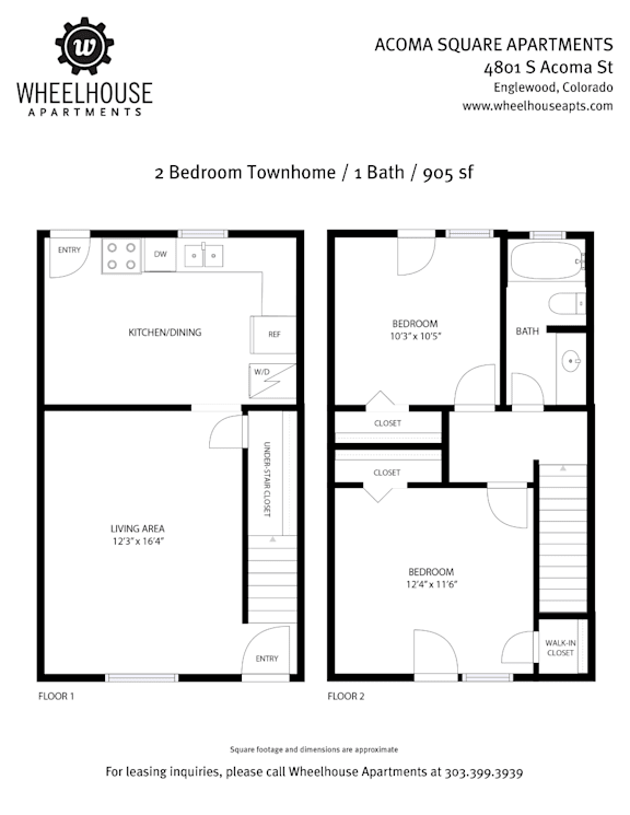 A floor plan for a 2 bedroom townhome with 1 bath.
