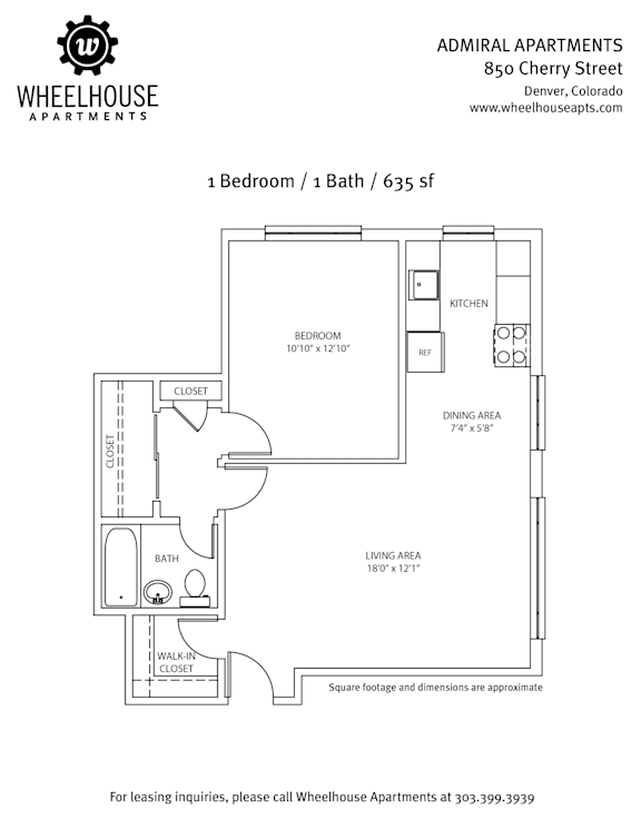 A floor plan for a 1 bedroom/bath apartment at Admiral Apartments.