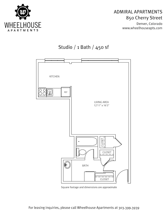 A floor plan for a studio apartment at Admiral Apartments.