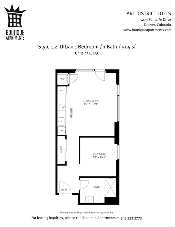 A floor plan for a 505 square foot apartment with one bedroom and one bath.