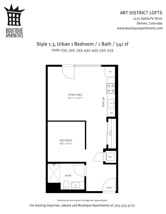 A floor plan for a 1 bedroom apartment with a living area and a bedroom.