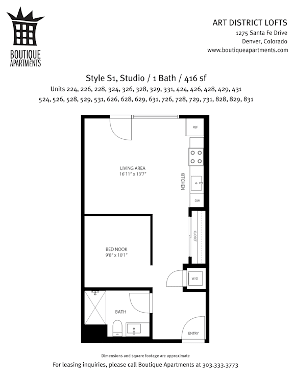 A floor plan for a studio apartment with a loft.