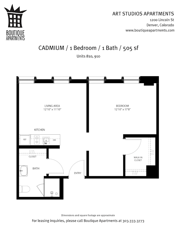 A floor plan for a 1 bedroom, 1 bath apartment at Art Studios Apartments.