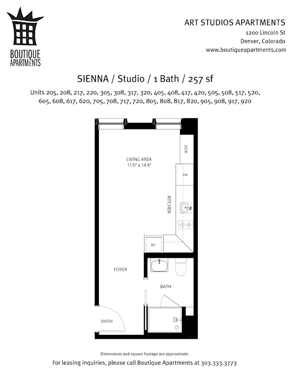 A floor plan for a 1 bedroom apartment at Art Studios Apartments.