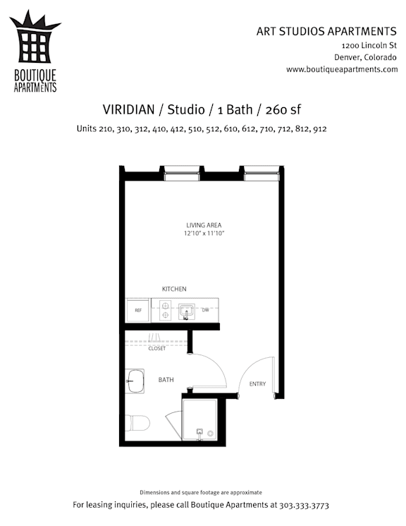 A floor plan for Art Studios Apartments shows a studio apartment with a bathroom and a kitchen.