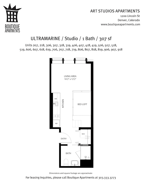 A floor plan for an apartment at Art Studios Apartments.