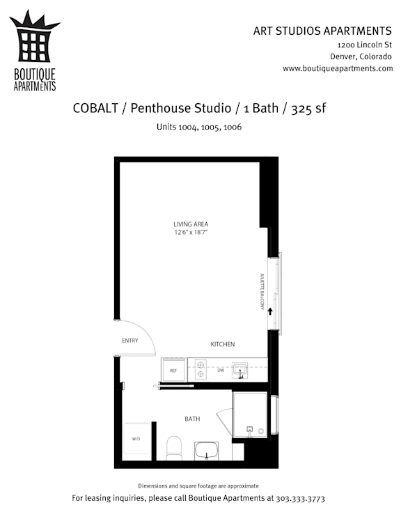 A black and white image of a floor plan for a studio apartment.