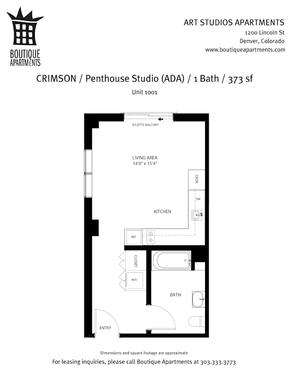 A floor plan for a 373 square foot apartment at Art Studios Apartments.