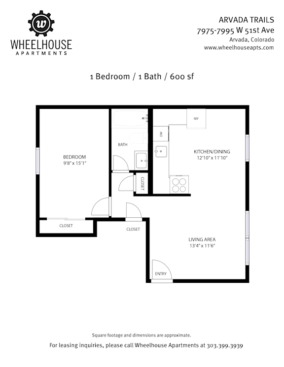 A floor plan for a one bedroom apartment at Wheelhouse Apartments.