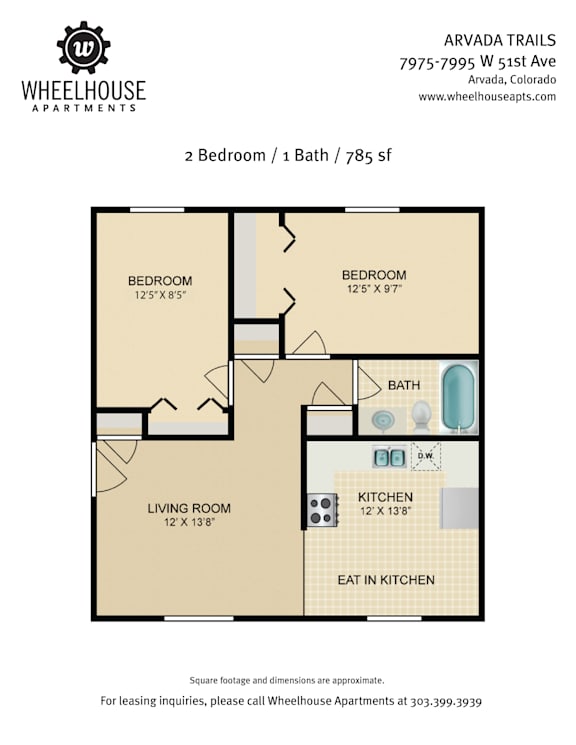 A floor plan for a 2 bedroom, 1 bath apartment at Arvada Trails.