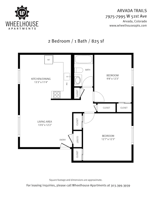 A floor plan for a 2 bedroom, 1 bath apartment at Arvada Trails.