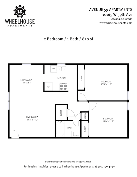 A floor plan for a 2 bedroom, 1 bath apartment at Avenue 59 Apartments.