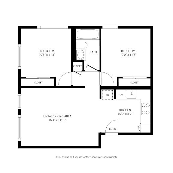 Floor Plan  A black and white floor plan of a house with two bedrooms, a living/dining area, a kitchen, a bath, and two closets.