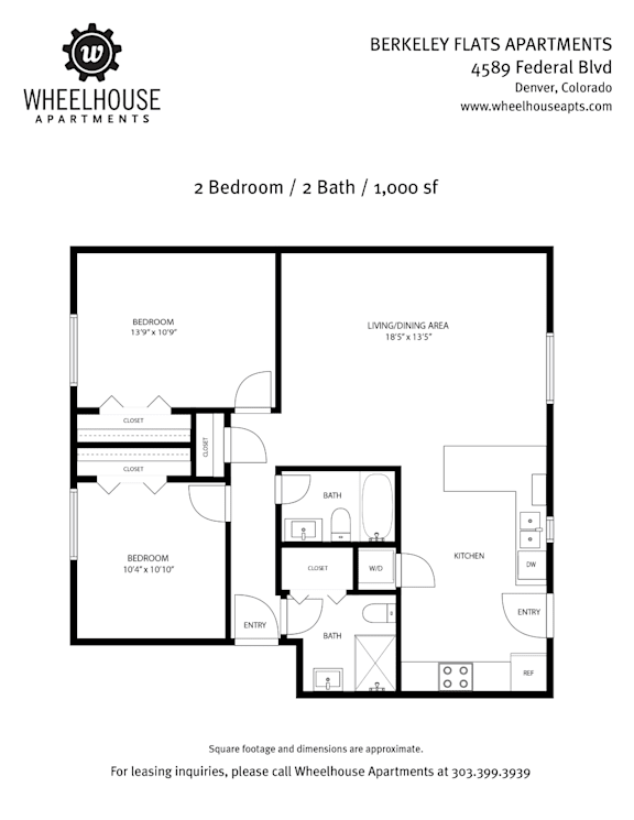 A black and white image of a floor plan for a 2 bedroom, 2 bath apartment.