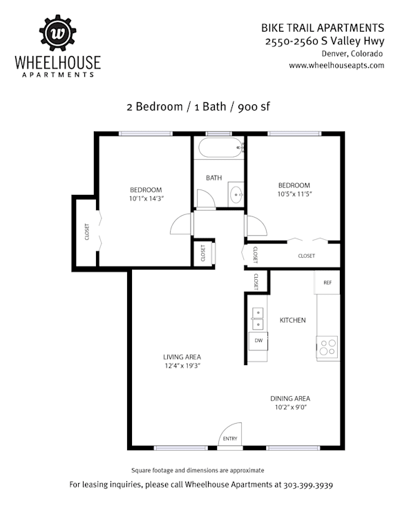 A floor plan for a 2 bedroom, 1 bath apartment with 900 square feet.