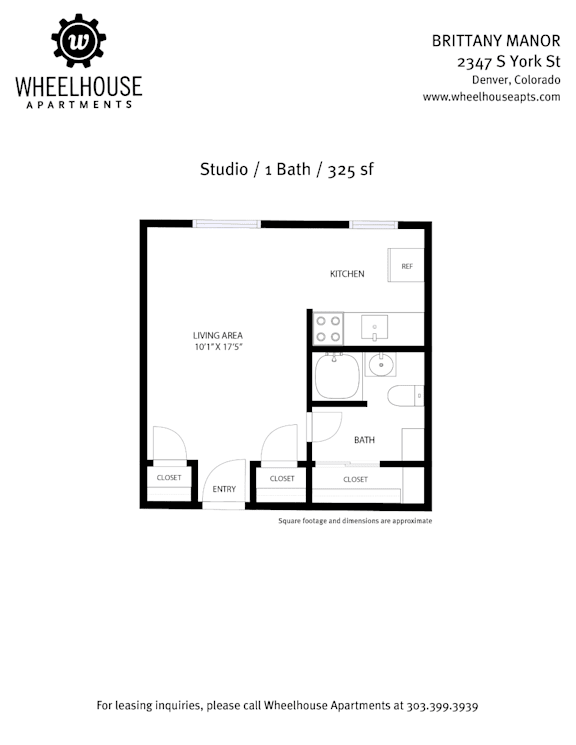 A floor plan for a studio apartment at Brittany Manor.