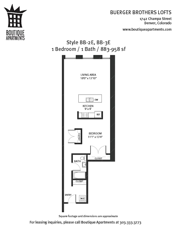 A black and white image of a floor plan for a 1 bedroom, 1 bath apartment.