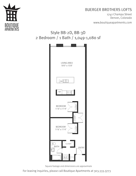 A floor plan for a 2 bedroom, 1 bath apartment at Boutique Apartments.