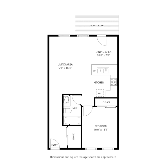 A floor plan of a small apartment with a living area, dining area, kitchen, bathroom, bedroom and entry.