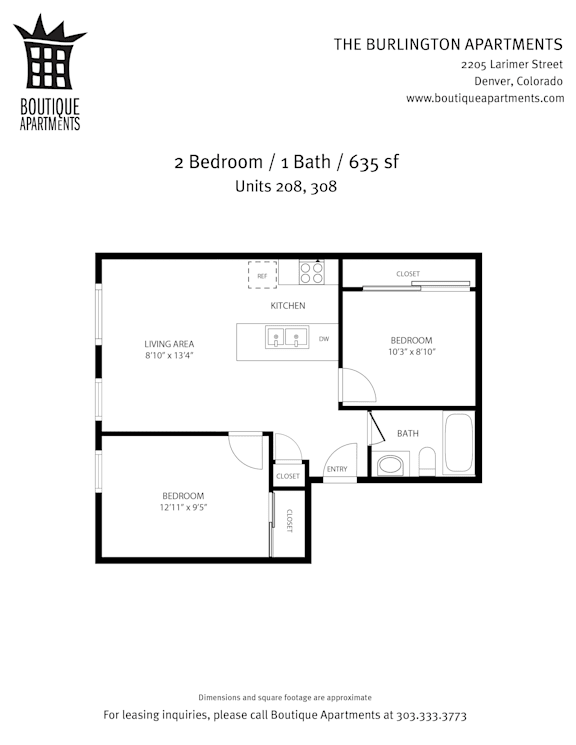 A floor plan for a 2 Bedroom / 1 Bath apartment at The Burlington Apartments.