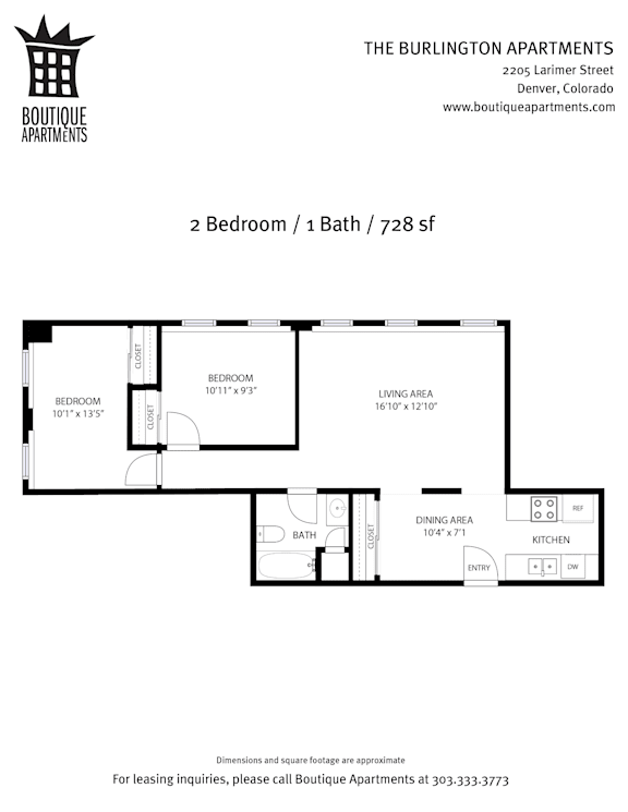 Floorplan for The Burlington showing 2 bedrooms and 1 bath at 728sf