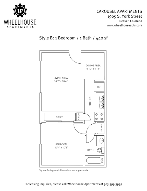 A floor plan for a 440 square foot apartment with one bedroom and one bath.