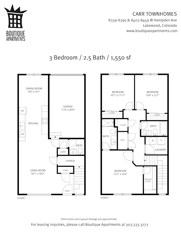 A floor plan for a 3 bedroom, 2.5 bath, 1,550 square foot apartment.