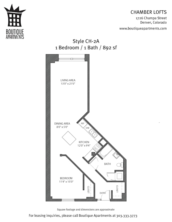 A drawing of an apartment layout for lease by Boutique Apartments.