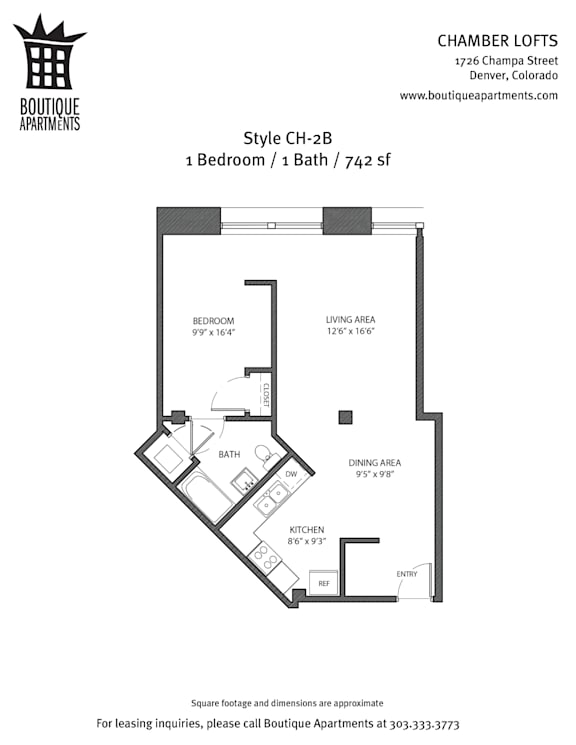 A floor plan for a 1 Bedroom / 1 Bath / 742 sqf apartment.