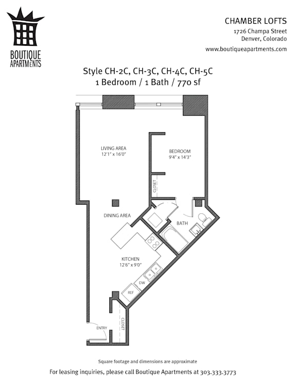 A floor plan for a one bedroom apartment with a living area, dining area, kitchen, and bath.