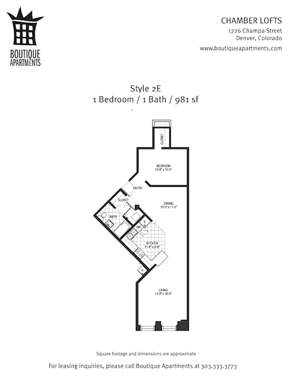 A floor plan for a 1 bedroom apartment at Boutique Apartments.