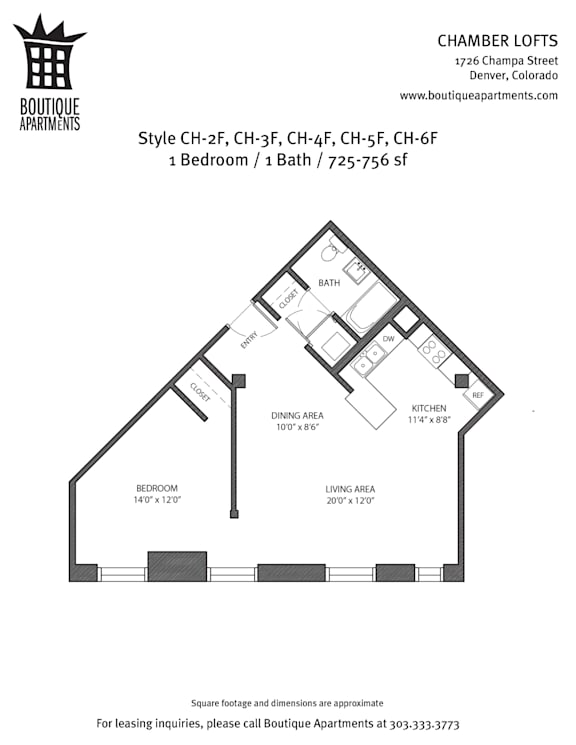 A floor plan for a 1 bedroom apartment with 1 bath at Boutique Apartments.