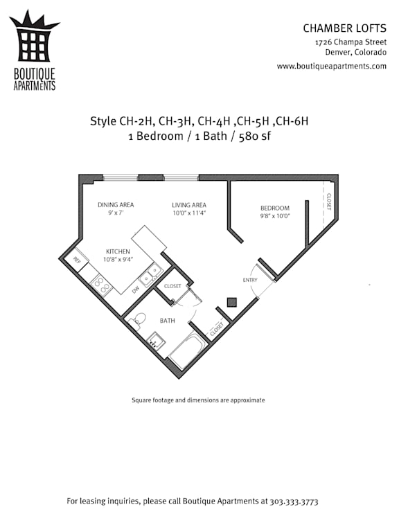 Floor plan for a one bedroom apartment with a dining area and a bath.