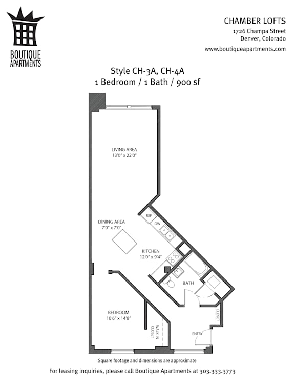 A floor plan for a 1 bedroom apartment with a living area, dining area, kitchen, and bathroom.