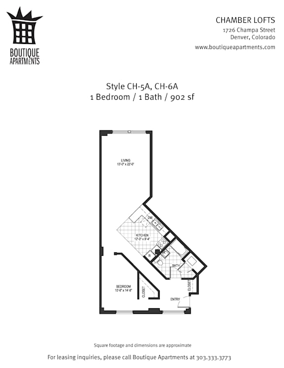 A floor plan for a 1 bedroom, 1 bath apartment at Boutique Apartments.