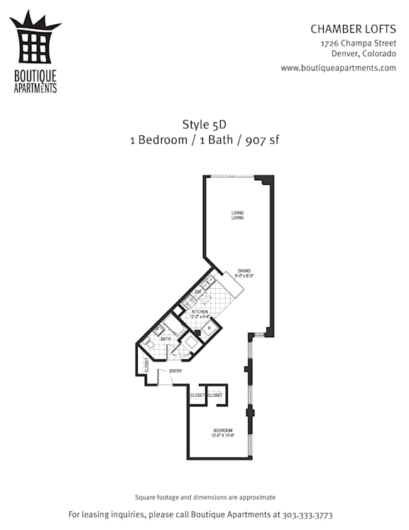 A floor plan for a 1 bedroom, 1 bathroom apartment at Boutique Apartments.