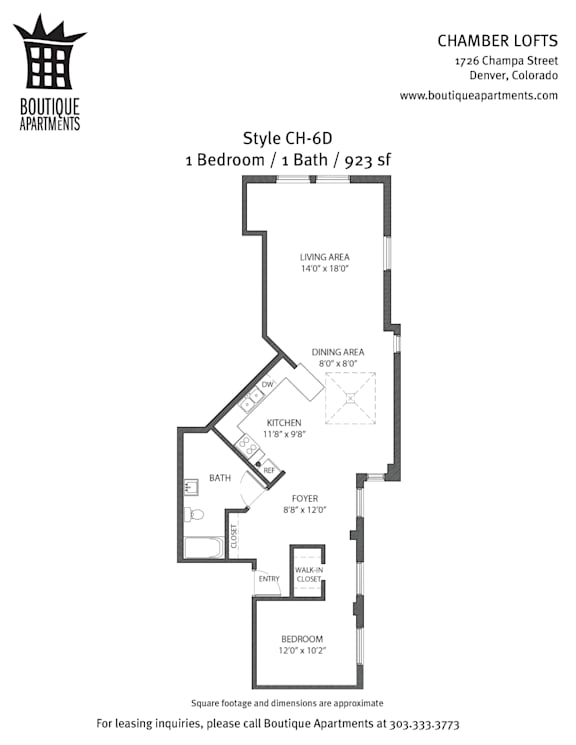 A floor plan for a 1 bedroom, 1 bath apartment at Boutique Apartments.