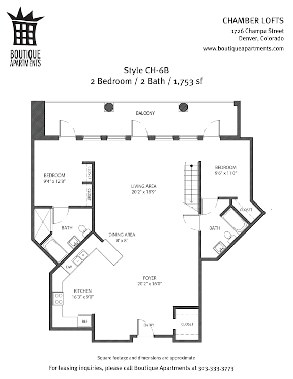 A floor plan for a 2 bedroom, 2 bathroom apartment.